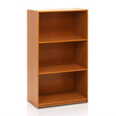 A wooden bookcase featuring three shelves, showcasing a natural finish and simple design.
